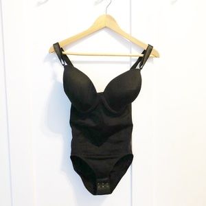 Black microfiber bodysuit with built in bra